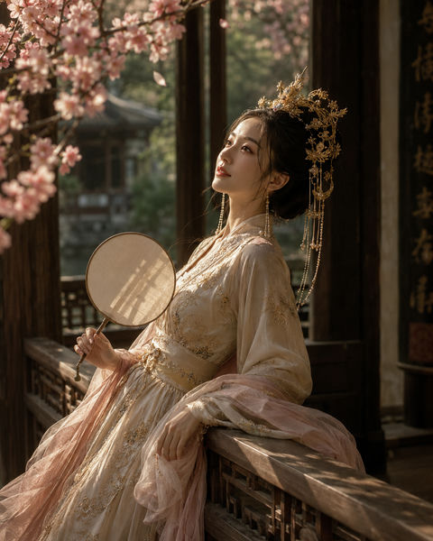 亭间金辉：古风女子的樱花诗意瞬间 - AI图片提示词示例