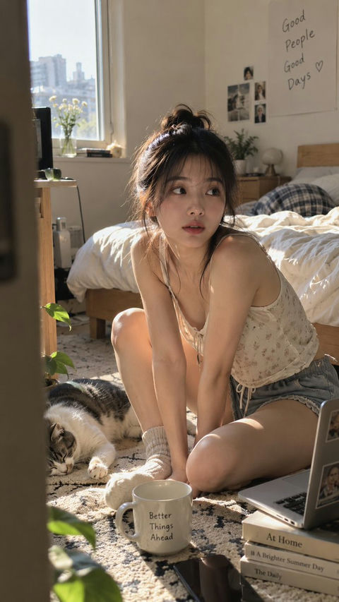 落日火车窗边蜷坐的东亚女性 - AI图片提示词示例