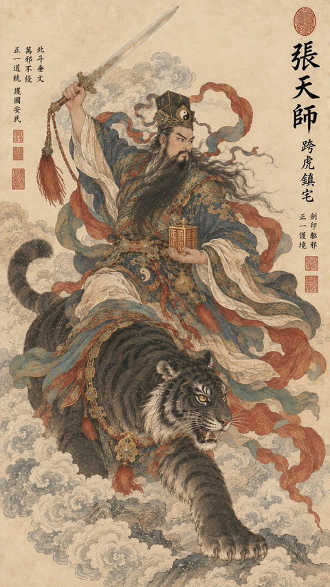 中国传统工笔重彩神明挂轴模板 - AI图片提示词示例