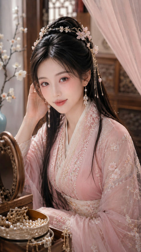 古风柔雾美妆东方贵女妆台写真 - AI图片提示词示例
