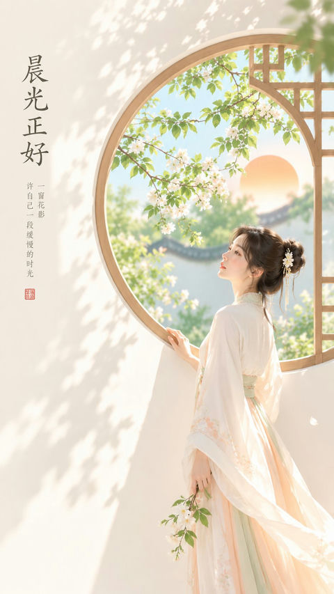 东方禅意极简女性审美清晨封面 - AI图片提示词示例