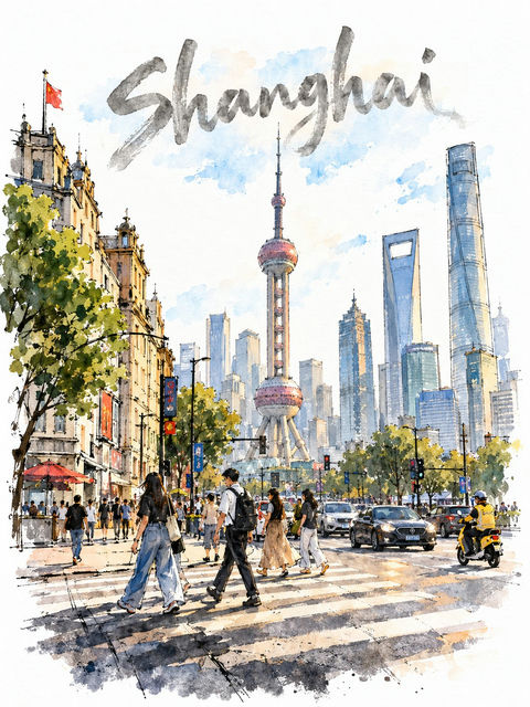城市繁忙交叉口水彩速写提示词 - AI图片提示词示例