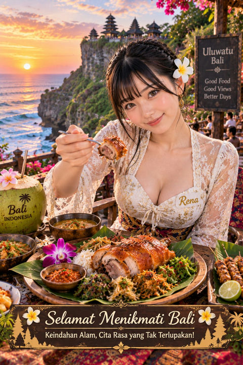 乌鲁瓦图悬崖餐厅巴厘岛美食人像 - AI图片提示词示例