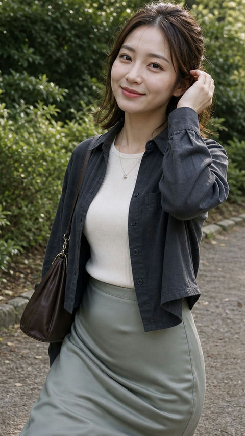 优雅初秋日本女性林间小道近景肖像 - AI图片提示词示例