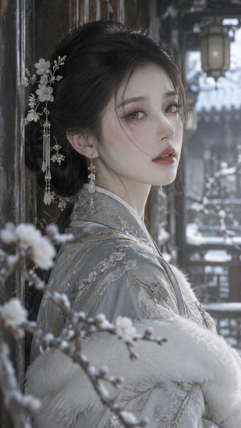 古风冬日旧庭东方清冷美妆人像 - AI图片提示词示例