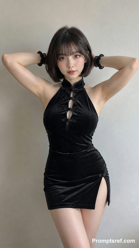 黑色丝绒改良旗袍短发女性室内写真 - AI图片提示词示例