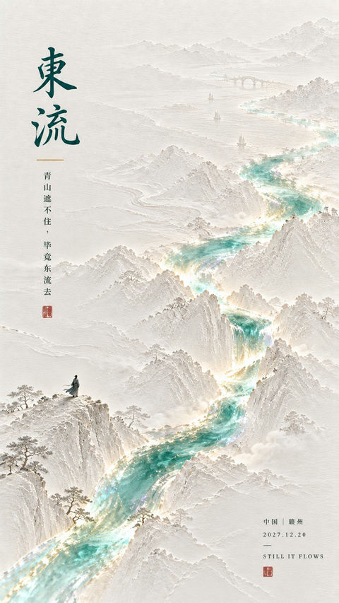 东方诗意流光留白海报 - AI图片提示词示例