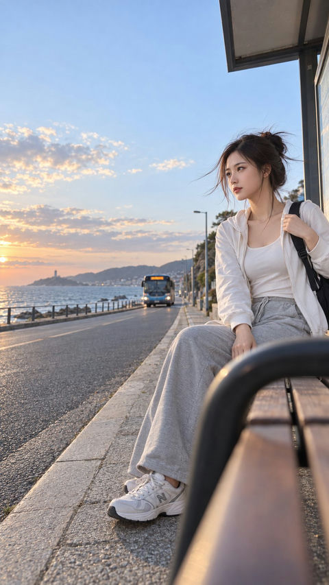 临海街道公交站中国女模特人像抓拍 - AI图片提示词示例