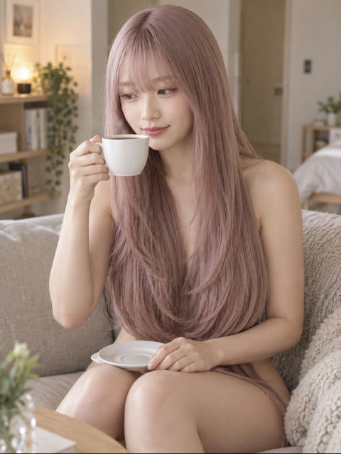 独居少女在沙发喝咖啡长发遮身 - AI图片提示词示例