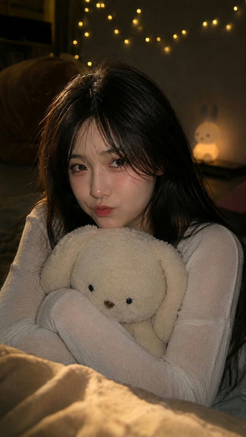 室内夜晚韩系女生抱兔玩偶快照 - AI图片提示词示例