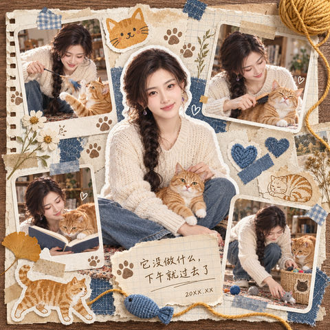 暖色调虚构橘猫与少女的日常手账 - AI图片提示词示例