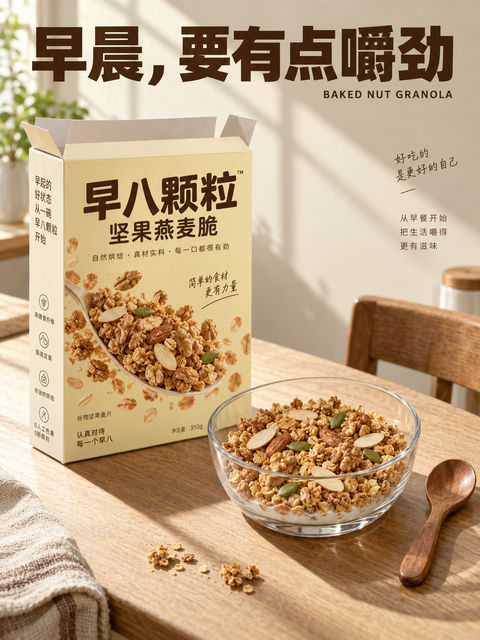 晨光厨房坚果燕麦脆品牌海报设计 - AI图片提示词示例