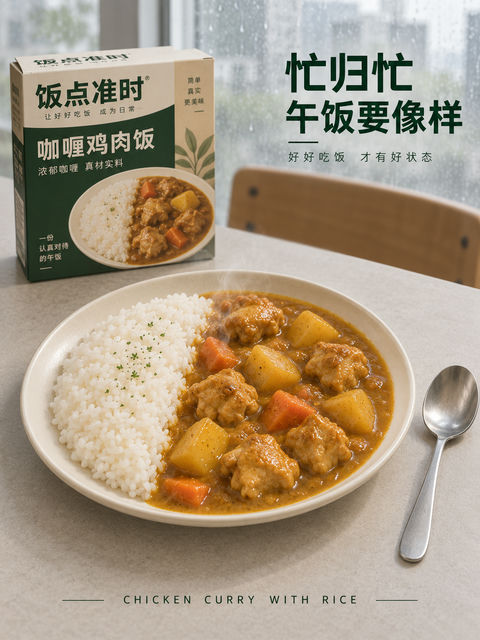 忙碌职场中的治愈系浓郁咖喱鸡肉饭海报 - AI图片提示词示例