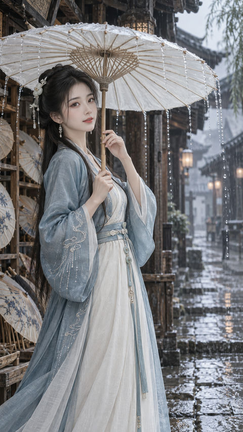 雨霁宫灵伞匠：湖蓝罗衫与素白纸伞的仙侠写真 - AI图片提示词示例