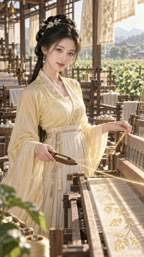 桑云灵丝司织：盛唐幻想织女的晨间雅韵 - AI图片提示词示例