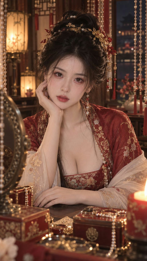 古风夜色美妆写真东方古典贵女 - AI图片提示词示例
