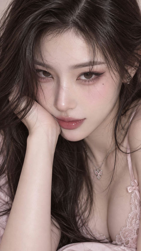 冷粉色猫系东亚美女写实肖像 - AI图片提示词示例