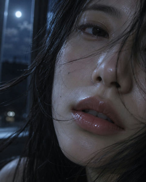 月夜窗边黑发日本女性侧脸特写 - AI图片提示词示例