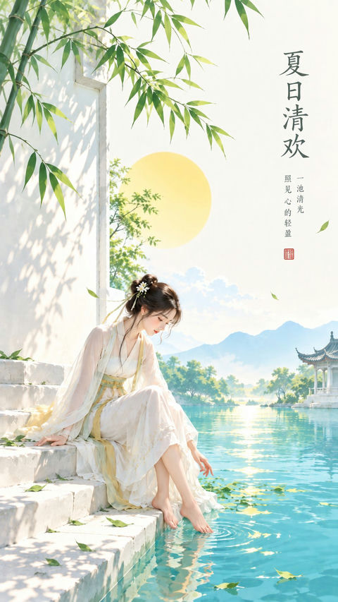 东方禅意极简夏日清爽插画 - AI图片提示词示例