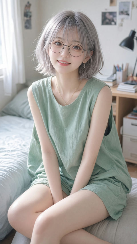 清新薄荷绿套装东亚少女学生卧室写真 - AI图片提示词示例