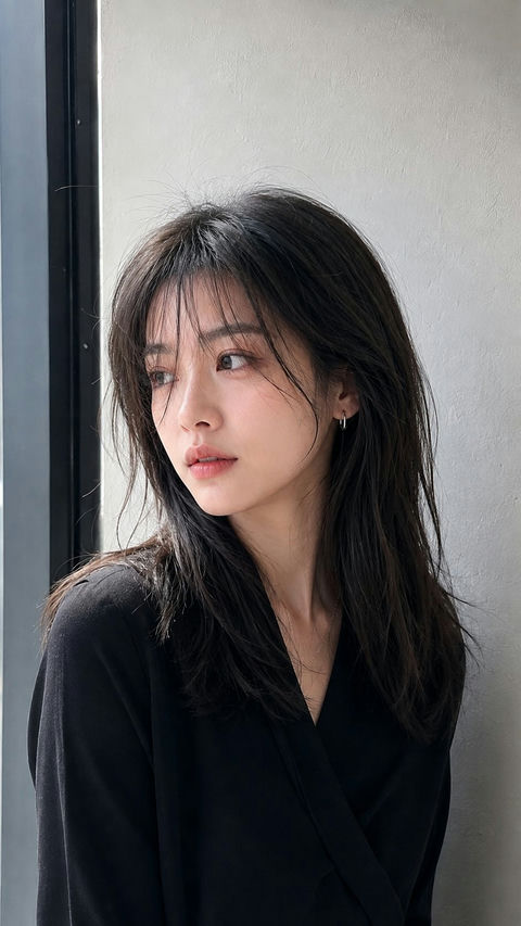 窗边自然光写实东亚女性人像 - AI图片提示词示例