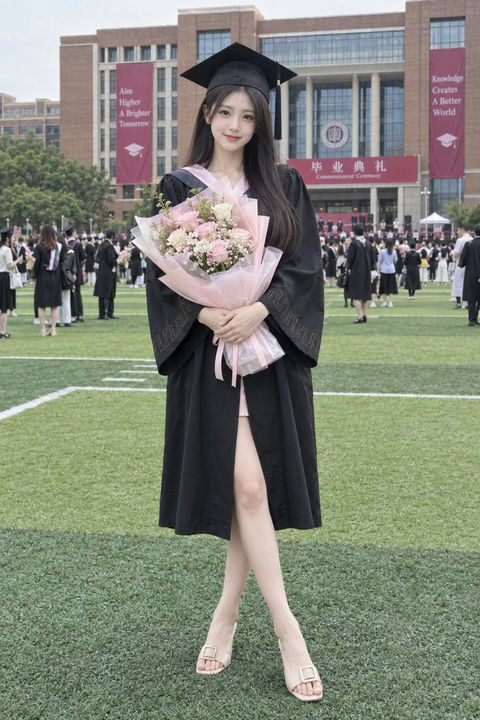 操场毕业典礼东亚女性全身写实摄影 - AI图片提示词示例