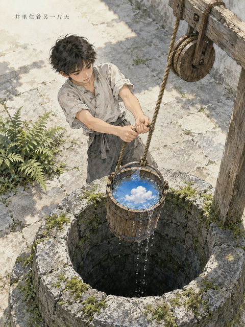 井中藏匿的蔚蓝：少年的奇趣水彩画 - AI图片提示词示例