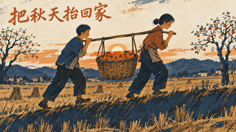 柿子满筐夕阳入箩的乡间诗意画 - AI图片提示词示例