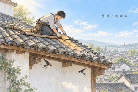 屋顶上的晴天：治愈系淡彩建筑速写 - AI图片提示词示例