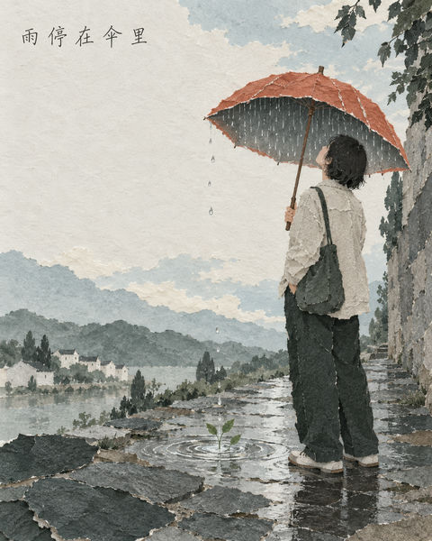 奇幻拼贴：雨停在伞里的静谧诗篇 - AI图片提示词示例