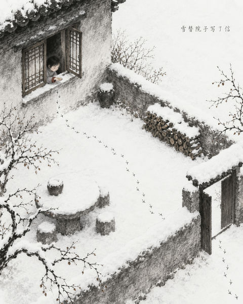 雪替院子写了信：炭粉淡墨冬日绘卷 - AI图片提示词示例