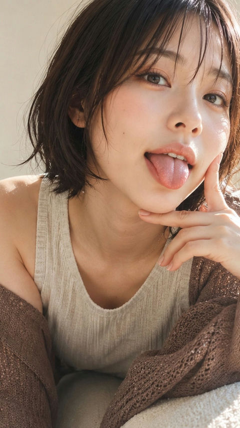 明亮客厅调皮吐舌日本女性近景肖像 - AI图片提示词示例