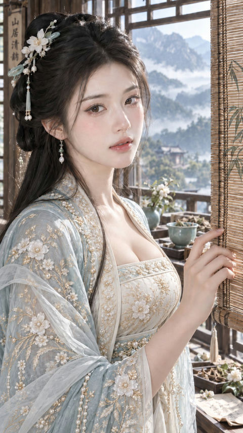 东方古典山居贵女古风清雅美妆人像 - AI图片提示词示例
