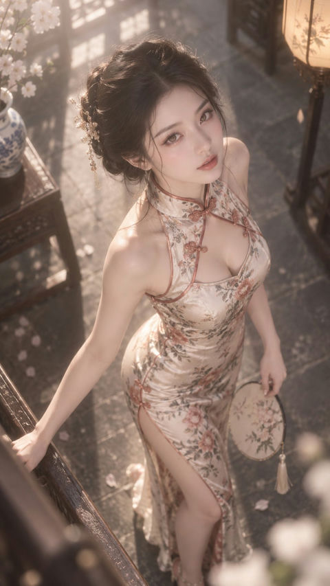 旗袍狐系美女俯拍人像 - AI图片提示词示例
