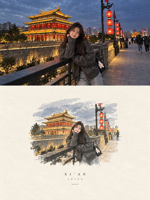 夜游古城墙的东亚女子人像 - AI图片提示词示例