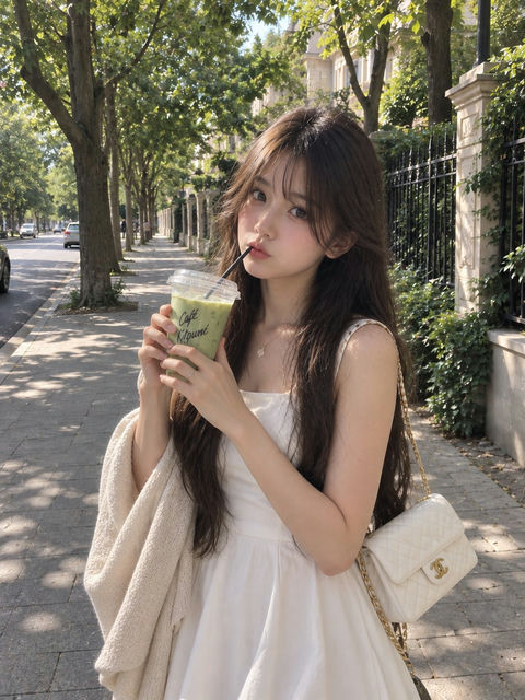 户外写实人像夏日白裙少女手捧抹茶 - AI图片提示词示例