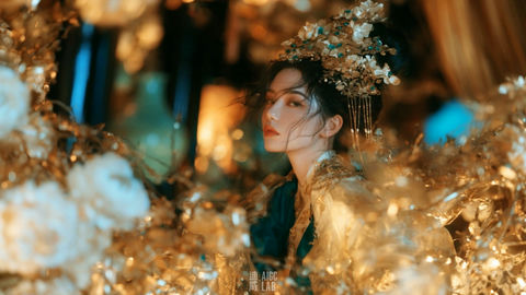 琥珀花厅中的华贵东亚女子侧影 - AI图片提示词示例
