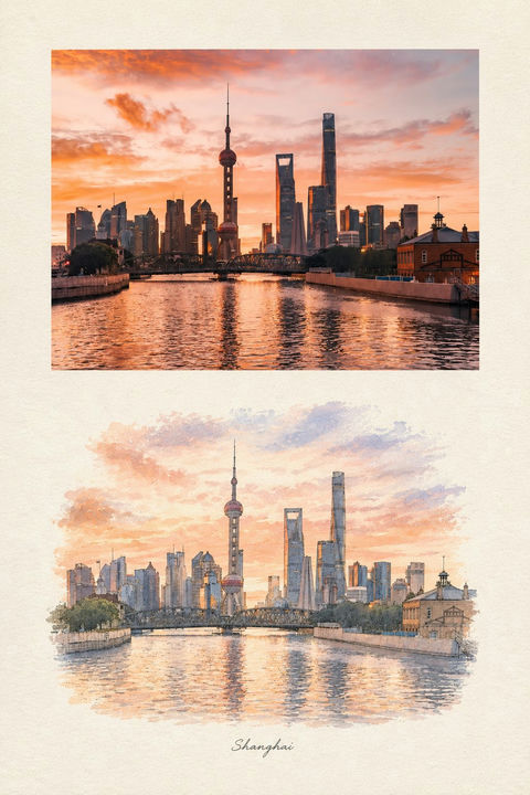 两段式旅行手账城市景观水彩转换提示词 - AI图片提示词示例