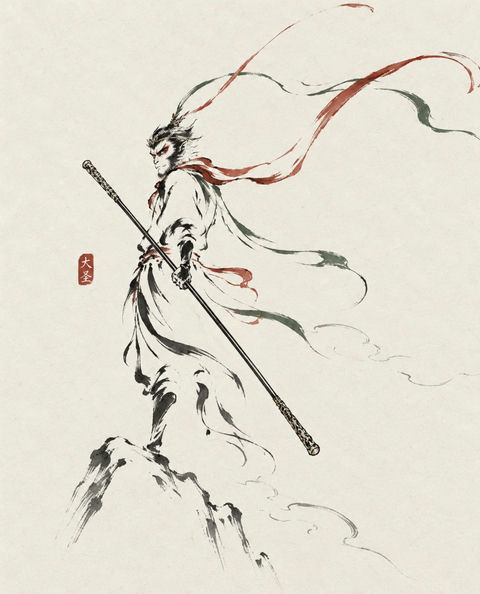 东方极简毛笔线条抽象艺术 - AI图片提示词示例