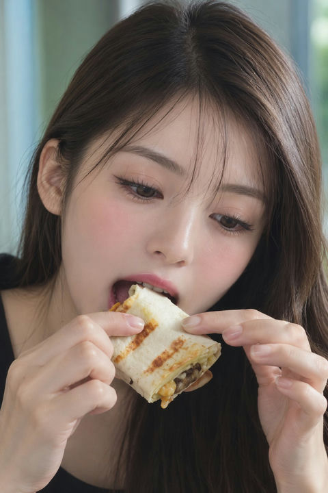 长发美女享用卷饼与草莓蛋糕特写 - AI图片提示词示例