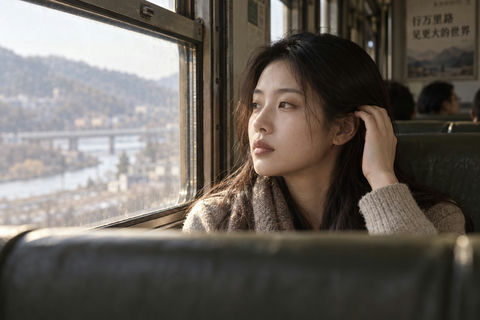 老式火车车厢东亚女性写实人像 - AI图片提示词示例