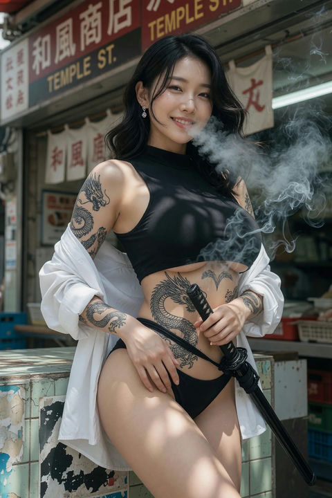 庙街日本店前韩系纹身少女像 - AI图片提示词示例
