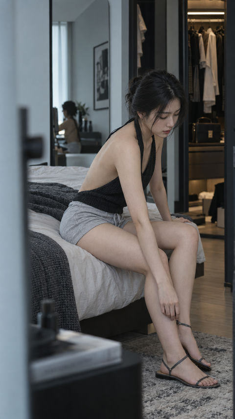 阴天卧室里的清冷东方女性生活切片 - AI图片提示词示例