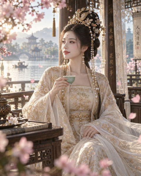 晨曦金光下的金凤冠海棠纹汉服美人 - AI图片提示词示例