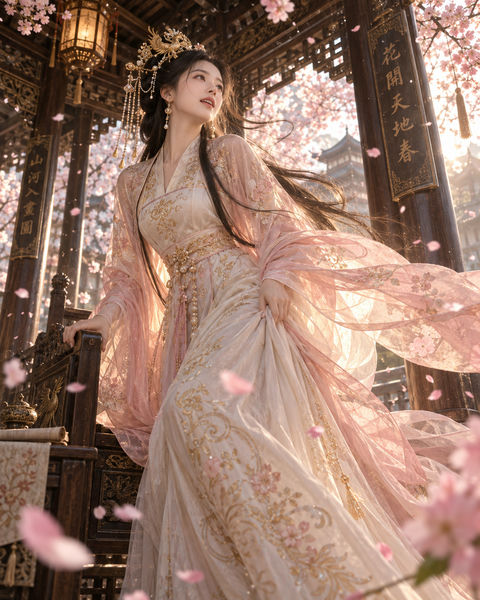 樱花雨中身着金丝汉服的绝美古风女子 - AI图片提示词示例