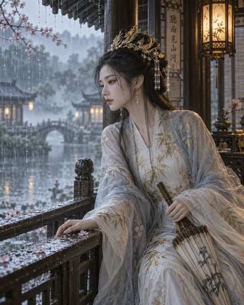 烟雨亭台倚栏而坐的清冷古风女子 - AI图片提示词示例