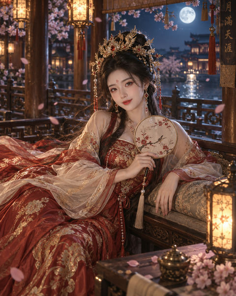 胭脂红影：夜色亭台里的绝美大唐风华 - AI图片提示词示例