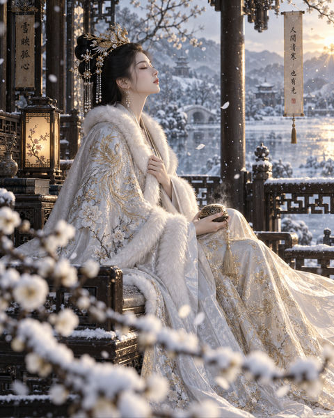 寒梅映雪古风美人的冬日孤寂感 - AI图片提示词示例