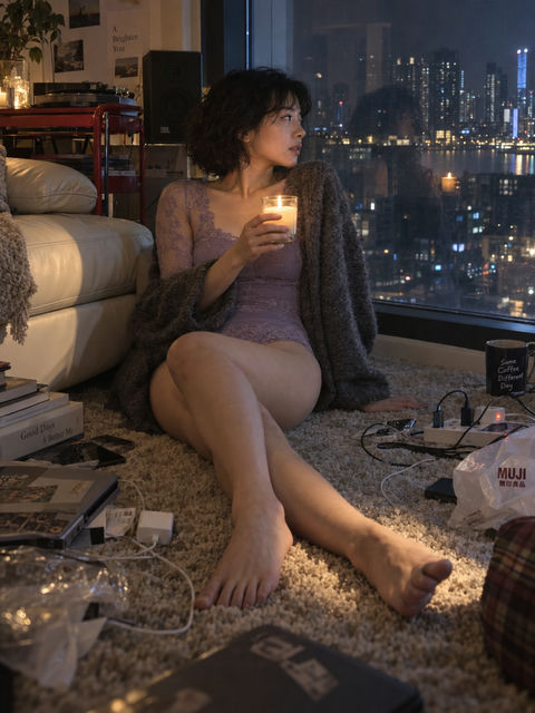 城市窗前的紫色蕾丝午后时光 - AI图片提示词示例