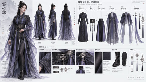 16:9横版仙侠角色服饰工业设计图 - AI图片提示词示例